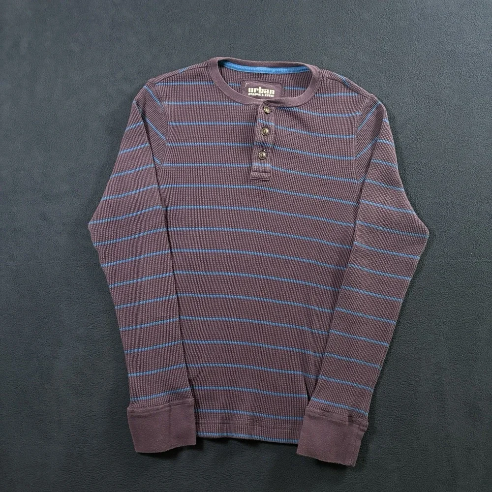 Urban Pipeline Waffle Knit Henley Shirt Mens S Purple Blue Striped Thermal Y2K